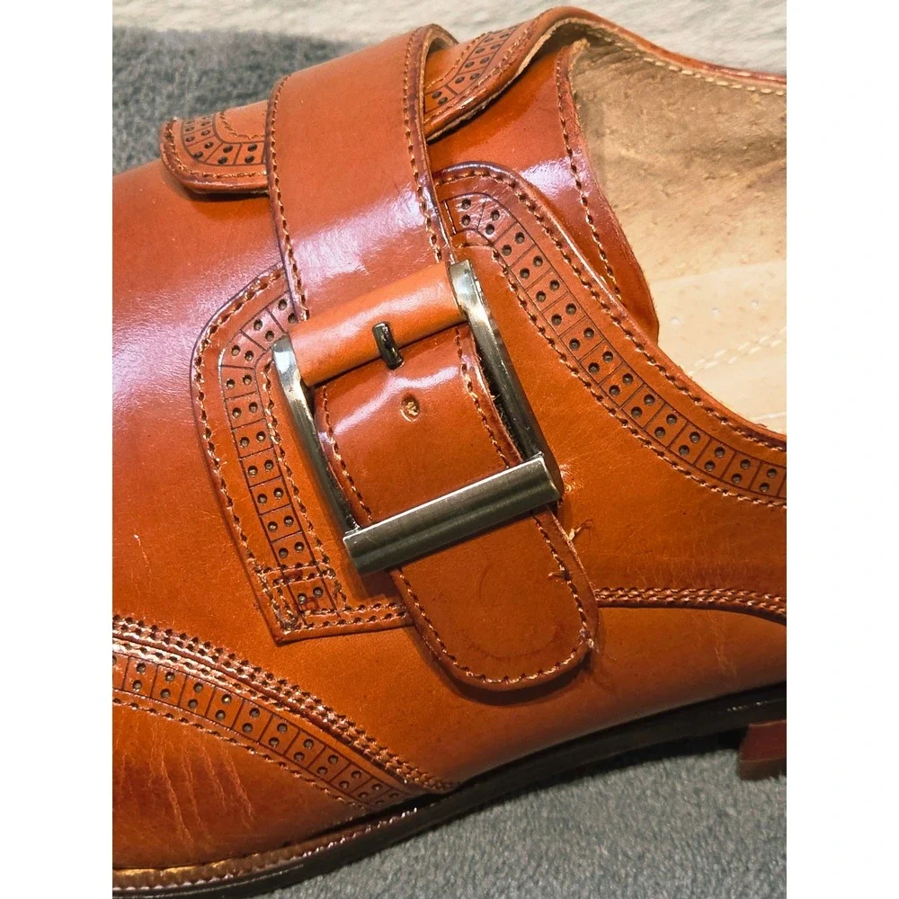 Stacy Adams Mens Cognac Leather Monk Strap Brogue Dress Shoes 25584-213‎ 9.5M